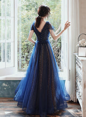 Navy Blue A-line Short Sleeves V-neckline Party Dress, Navy Blue Prom Dress