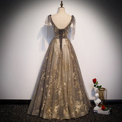 Lovely Champagne V-neckline Tulle Long Prom Dress Party Dress, Formal Gown