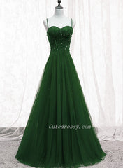 Green Beaded Tulle Sweetheart Tulle A-line Prom Dreess, Green Formal Dress Long Evening Dress