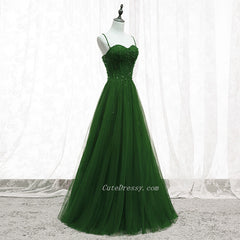 Green Beaded Tulle Sweetheart Tulle A-line Prom Dreess, Green Formal Dress Long Evening Dress