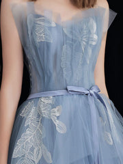 Blue tulle lace long prom dress, blue A line lace evening dress