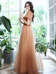 Champagne A line long prom dress sweetheart neck tulle formal evening dress