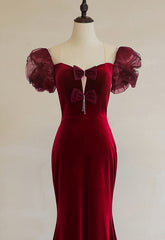 Wine Red Mermaid Long Party Dress with Bow, Wine Red Evening Dress Prom Dress
