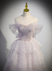 Pink Tulle Ball Gown Layers Long Party Dress, Pink Shiny Tulle Sweet 16 Dress