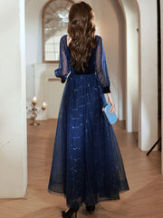 Navy Blue Tulle and Velvet Long Sleeves Party Dress, Simple A-line Prom Dress