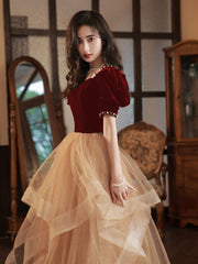 Champagne/Burgundy Tulle Long Prom Dresses, Champagne Formal Evening Dress