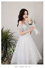 White tulle off shoulder sequin short prom dress white homecoming dress