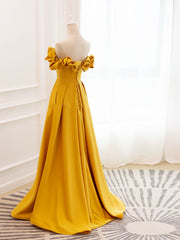 A-Line Off Shoulder Satin Yellow Long Prom Dress, Yellow Formal Evening Dress
