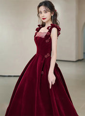 Wine Red Velvet Straps Flowers Lace-up Long Prom Dress, Wine Red Long Party Dress