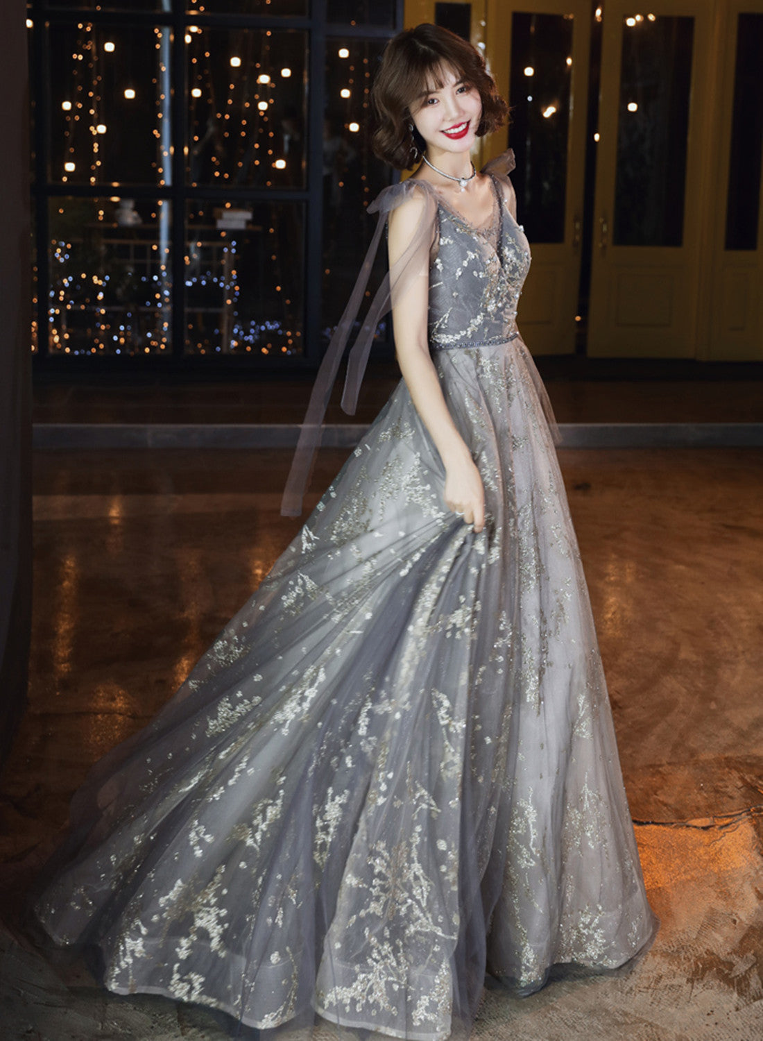 Grey V-neckline Tulle Beaded Waist Long Party Dress, A-line Grey Formal Dress