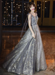 Grey V-neckline Tulle Beaded Waist Long Party Dress, A-line Grey Formal Dress