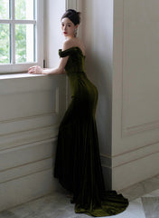 Green Mermaid Sweetheart Off Shoulder Formal Dress, Green Velvet Prom Dress