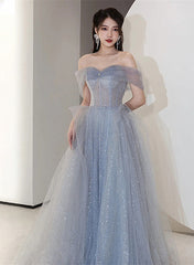 Off Shoulder Light Blue Tulle Long Party Dress, Shiny Tulle A-line Prom Dress