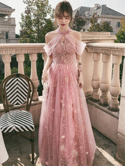 Pink Tulle A-line Long Formal Dresses, Pink High Neckline Party Dresses Prom Dresses