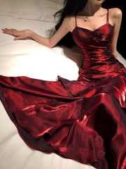 Wine Red Long Mermaid Straps Evening Dress Formal Dress, Wine Red Satin Prom Dress