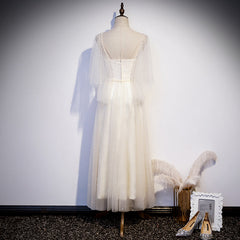 Light Champagne Short Sleeves Long Wedding Party Dress, Cute Prom Dress