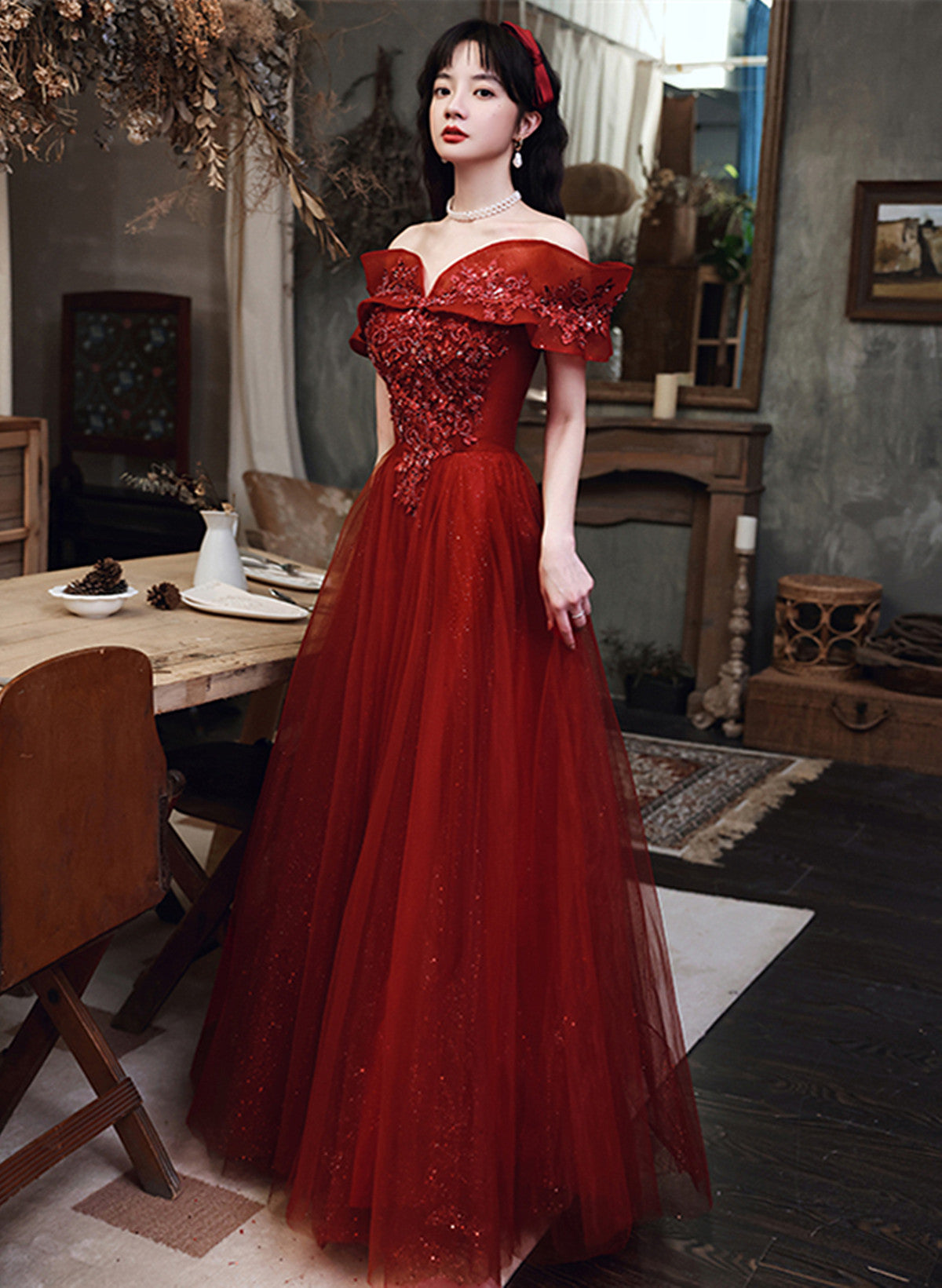 Wine Red Tulle Off Shoulder Floor Length Party Dress, Wine Red Long Prom Dress