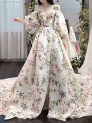Unique sweetheart neck puff sleeves long prom dress long formal dress