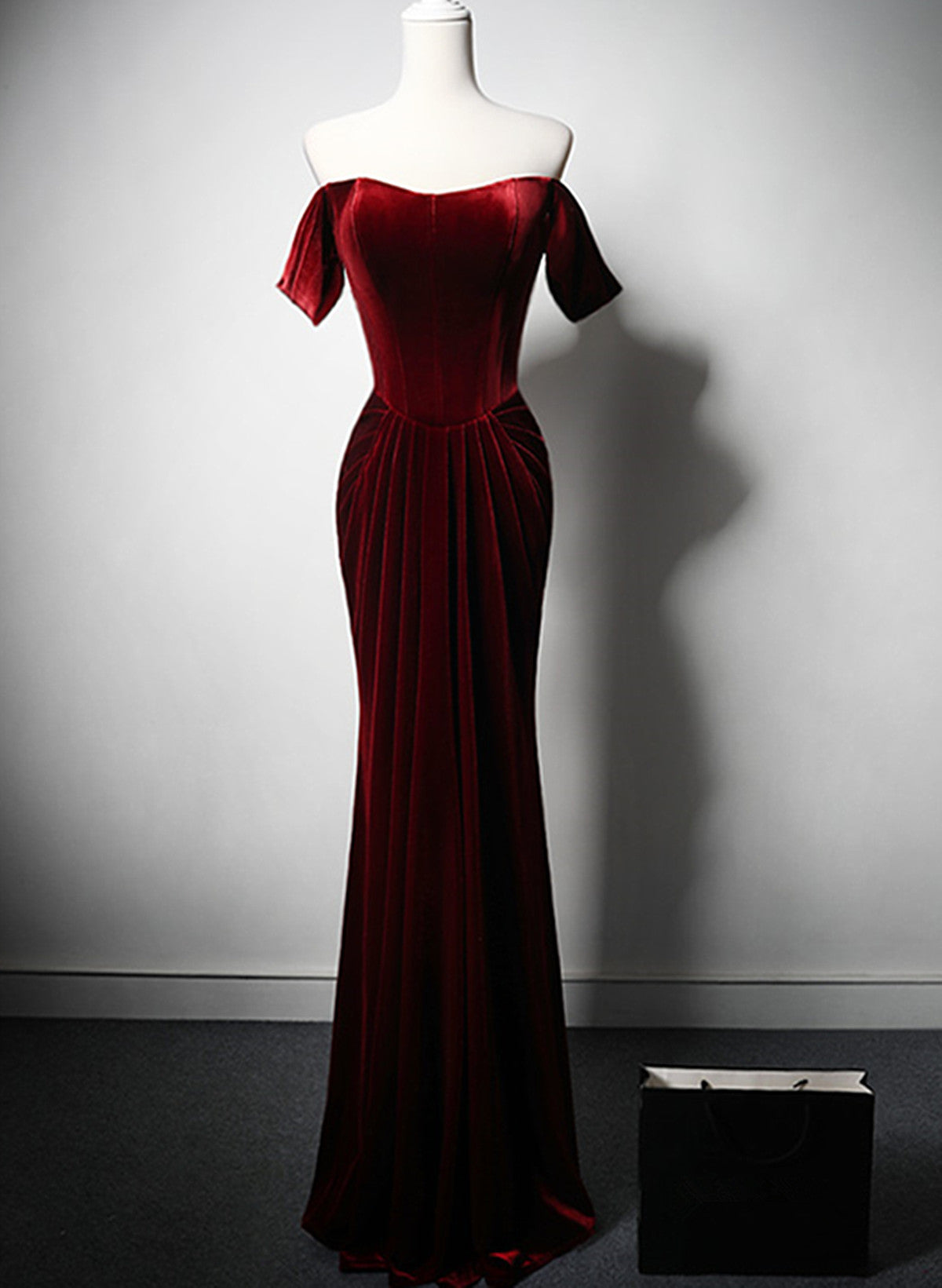 Wine Red Velvet Off Shoulder Long Mermaid Prom Dress, Wine Red Velvet Eveing Dress