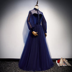 Navy Blue Velvet and Tulle A-line Long Sleeves Prom Dresses, Blue Bridesmaid Dresses
