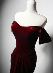 Wine Red Velvet Off Shoulder Long Mermaid Prom Dress, Wine Red Velvet Eveing Dress