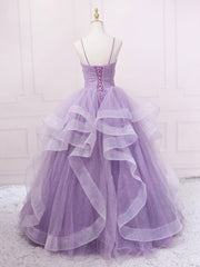 Purple v neck tulle long prom dress, purple tulle formal party dress
