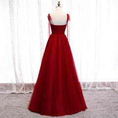 Wine Red Beaded Sweetheart Tulle Floor Length Party Dress, Wine Red Long Prom Dress