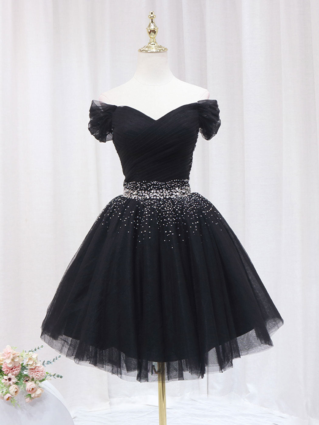 Black V Neck Short Prom Dress, Black Homecoming Dress with Sequin