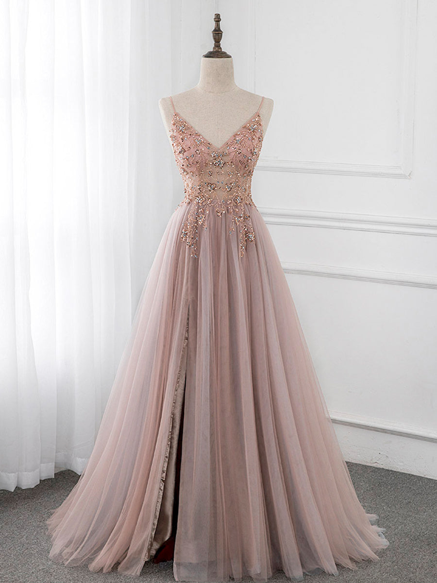 A-Line V Neck Tulle Beading Pink Long Prom Dress. Pink Formal Dress