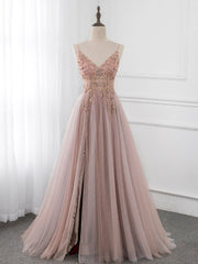 A-Line V Neck Tulle Beading Pink Long Prom Dress. Pink Formal Dress