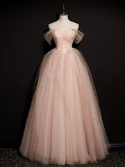 Pink off shoulder tulle lace long prom dress, pink formal dress
