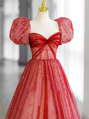 Red tulle lace long prom dress, red tulle formal dress