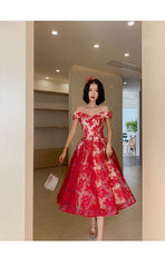 Red Lace Off Shoulder Tea Length Bridesmaid Dress, Lace Party Dress Prom Dress