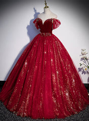 Wine Red Tulle Ball Gown Beaded Sweetheart Party Dress, Wine Red Prom Dress