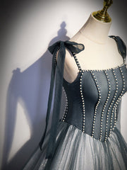 A-Line  Tulle Gray Long Prom Dress, Gray Formal Graduation Dress with Beading