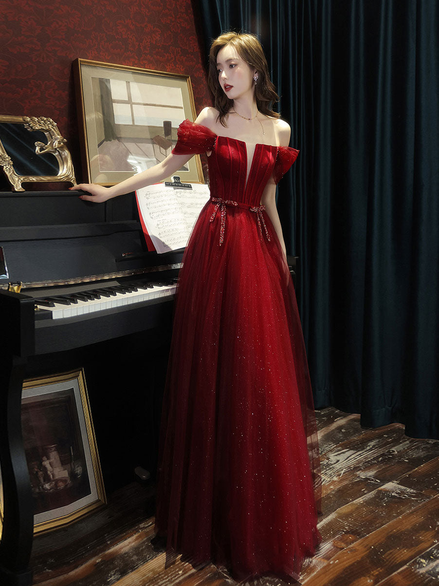 A line tulle sequin long prom dress burgundy tulle formal party dress