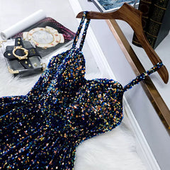 Navy Blue Sequin Hoco Dress Short Homecoming Dresses SH138