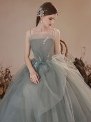 Gray green tulle long prom dress, gray green tulle formal dress