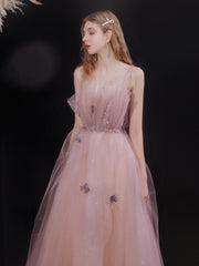 Pink Tulle with Beadings Spaghetti Strap Long Formal Dress, Pink Junior Prom Dress