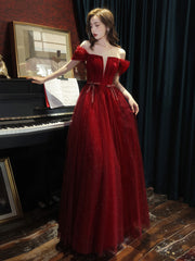 A line tulle sequin long prom dress burgundy tulle formal party dress