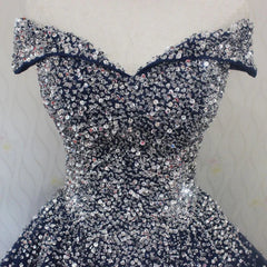 Blue Sparkle Off Shoulder Ball Party Dress Handmade Beaded Party Dress Elegant Prom Dress Evening Dress