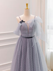 Gray A-Line Tulle Long Prom Dresses, Gray Formal Evening Dresses