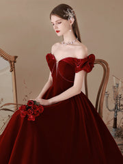 Wine Red Velvet Beaded Off Shoulder Sweetheart Prom Dress, Wine Red Bridesmaid Dress