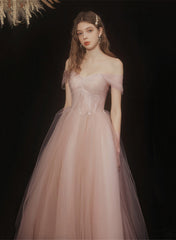 Pink Tulle Lace Beaded Off Shoulder Prom Dress, Pink A-line Party Dress