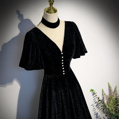 Long Velvet V-neckline Floor Length Prom Dresses, Black Evening Wedding Party Dresses