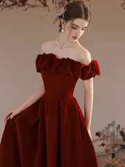 Off Shoulder Simple Velvet Long Evening Dress Prom Dress, Dark Red Formal Dresses