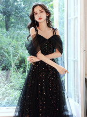 Black A Line Off Shoulder Tulle Long Prom Dresses, Black Formal Evening Dress