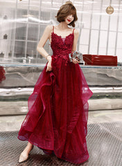 Wine Red Shiny Tulle Layers Straps Party Dress with Lace, V-neckline Prom Dress