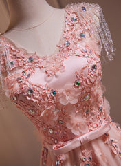 Pink V-neckline Tulle Beaded with Lace Applique Prom Dress, Pink Party Dress