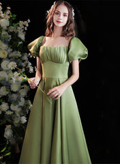 Green Satin Short Sleeves Scoop Neckline Prom Dress, Green Long Formal Dress